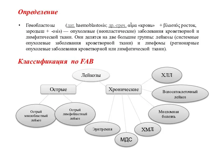 Определение Гемобластозы (лат. haemoblastosis; др.-греч. αἷμα «кровь» + βλαστός росток, зародыш