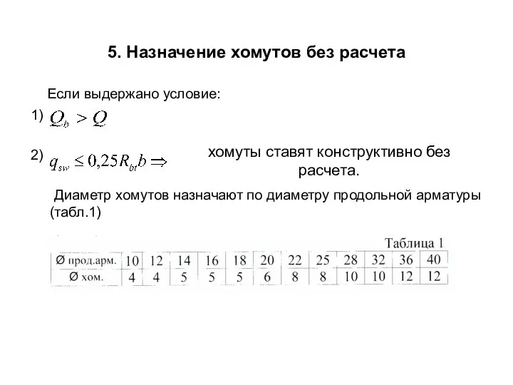 5. Назначение хомутов без расчета Если выдержано условие: 1) 2) Диаметр