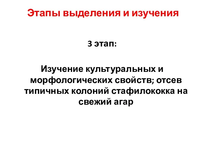 Этапы выделения и изучения 3 этап: Изучение культуральных и морфологических свойств;