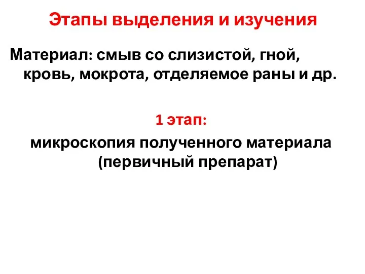 Этапы выделения и изучения Материал: смыв со слизистой, гной, кровь, мокрота,