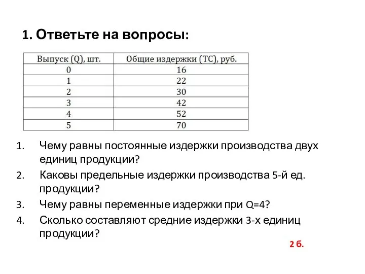 1. Ответьте на вопросы: Чему равны постоянные издержки производства двух единиц