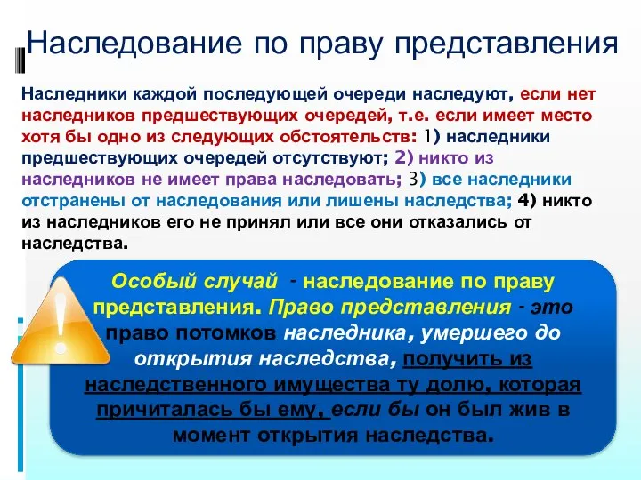 Наследование по праву представления Наследники каждой последующей очереди наследуют, если нет