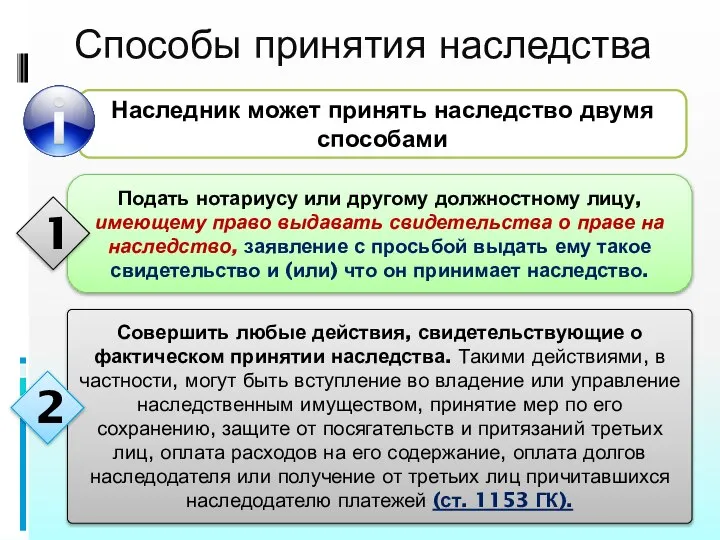 Способы принятия наследства Наследник может принять наследство двумя способами