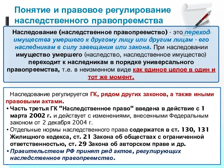 Понятие и правовое регулирование наследственного правопреемства Наследование (наследственное правопреемство) - это