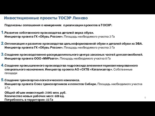 Инвестиционные проекты ТОСЭР Линево Подписаны соглашения о намерениях о реализации проектов