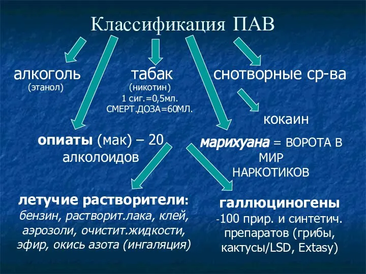 Классификация ПАВ алкоголь табак снотворные ср-ва опиаты (мак) – 20 алколоидов