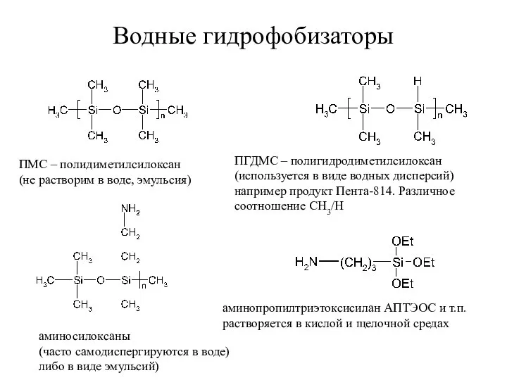 Водные гидрофобизаторы ПМС – полидиметилсилоксан (не растворим в воде, эмульсия) ПГДМС