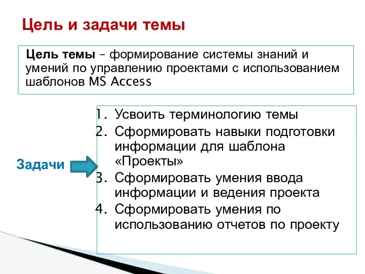 Цель темы – формирование системы знаний и умений по управлению проектами