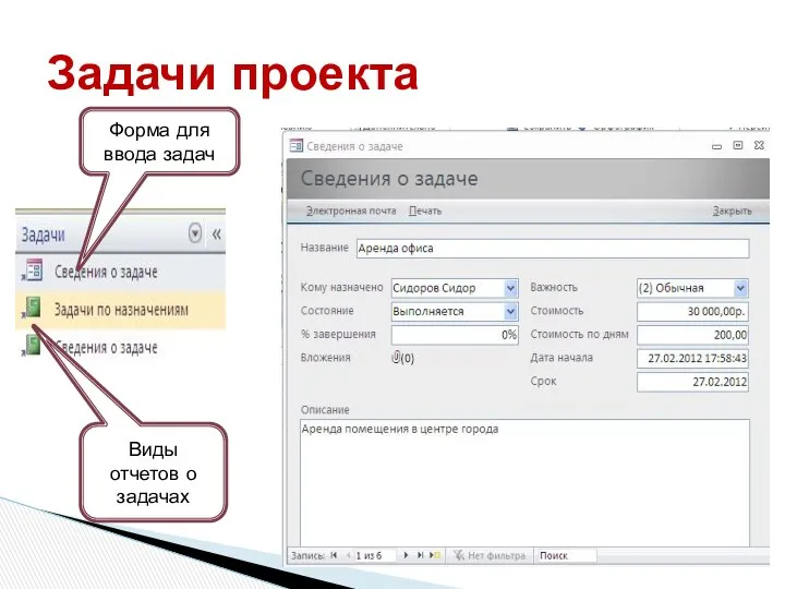 Задачи проекта Форма для ввода задач Виды отчетов о задачах