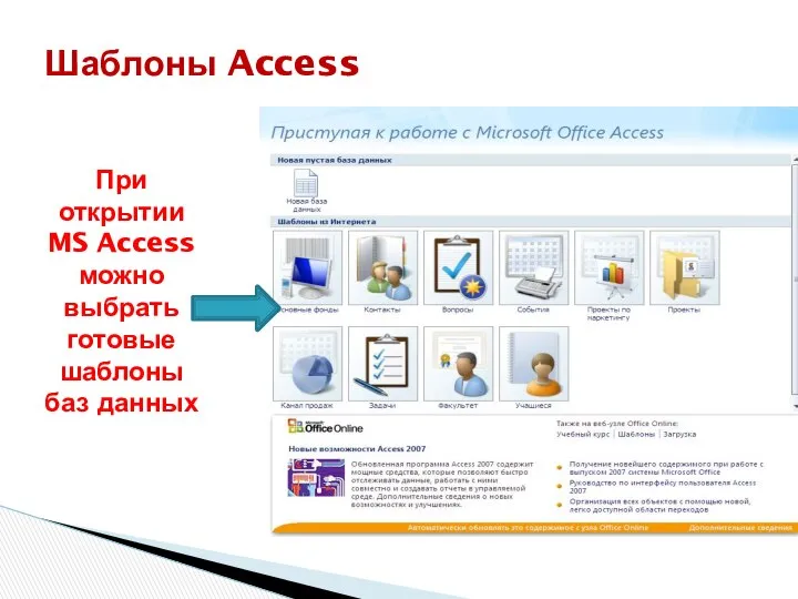 Шаблоны Access При открытии MS Access можно выбрать готовые шаблоны баз данных