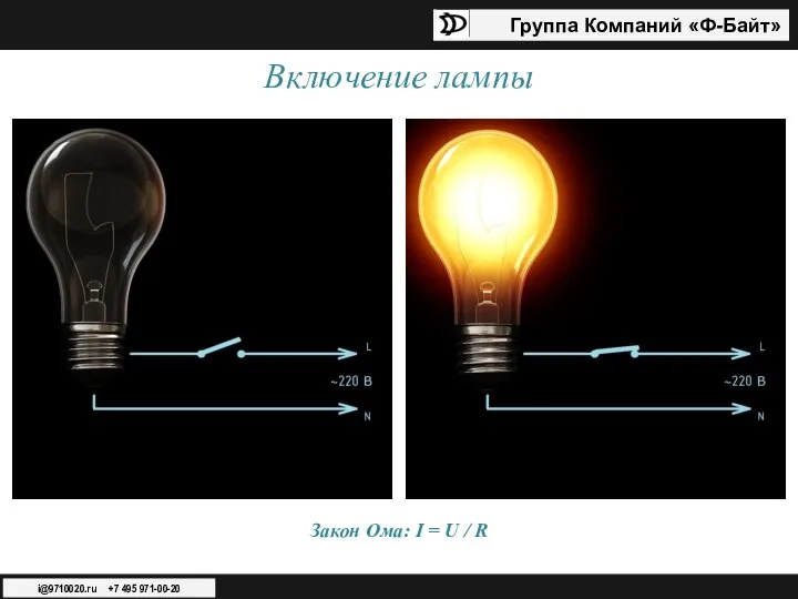 Группа Компаний «Ф-Байт» i@9710020.ru +7 495 971-00-20 Включение лампы Закон Ома: I = U / R