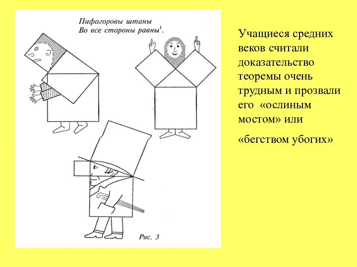 Учащиеся средних веков считали доказательство теоремы очень трудным и прозвали его «ослиным мостом» или «бегством убогих»