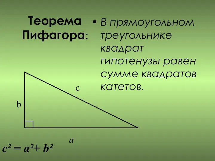 Теорема Пифагора: В прямоугольном треугольнике квадрат гипотенузы равен сумме квадратов катетов.