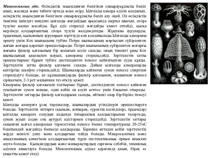 Микологиялық әдіс. Өсімдіктің зақымданған бөлігінен саңырауқұлақты бөліп алып, жасанда және табиғи