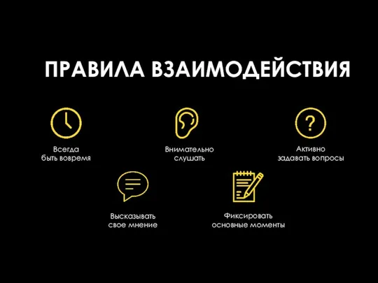 Всегда быть вовремя Внимательно слушать Фиксировать основные моменты Активно задавать вопросы Высказывать свое мнение ПРАВИЛА ВЗАИМОДЕЙСТВИЯ