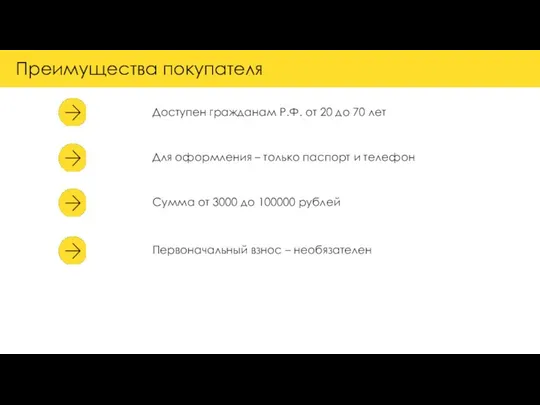 Преимущества покупателя Доступен гражданам Р.Ф. от 20 до 70 лет Для