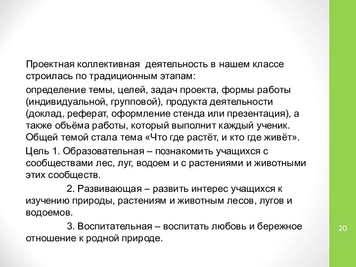 Проектная коллективная деятельность в нашем классе строилась по традиционным этапам: определение