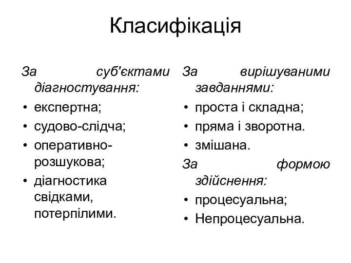 Класифікація За суб'єктами діагностування: експертна; судово-слідча; оперативно-розшукова; діагностика свідками, потерпілими. За