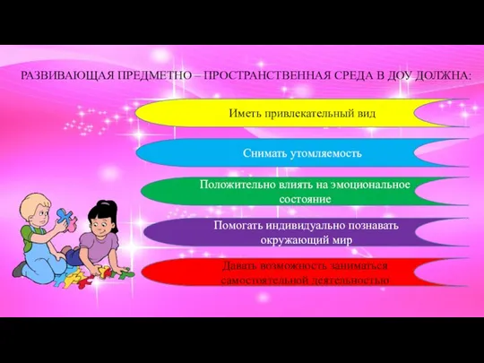 РАЗВИВАЮЩАЯ ПРЕДМЕТНО – ПРОСТРАНСТВЕННАЯ СРЕДА В ДОУ ДОЛЖНА: Иметь привлекательный вид