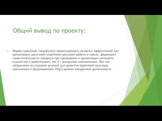 Общий вывод по проекту: Форма социально-творческого проектирования является эффективной для организации