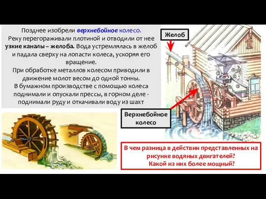 Позднее изобрели верхнебойное колесо. Реку перегораживали плотиной и отводили от нее