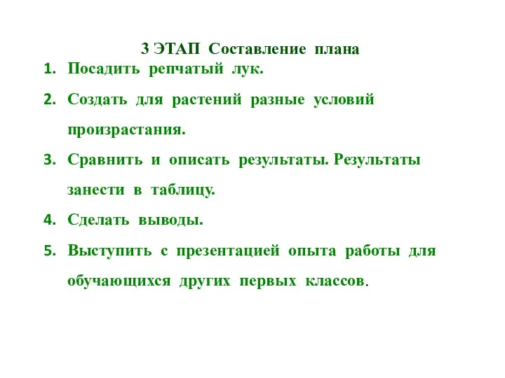 3 ЭТАП Составление плана Посадить репчатый лук. Создать для растений разные