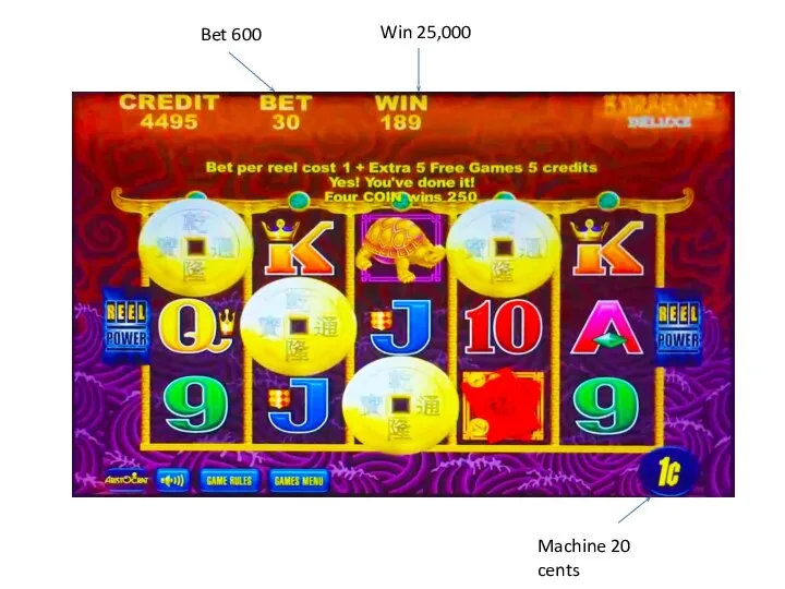 Bet 600 Machine 20 cents Win 25,000
