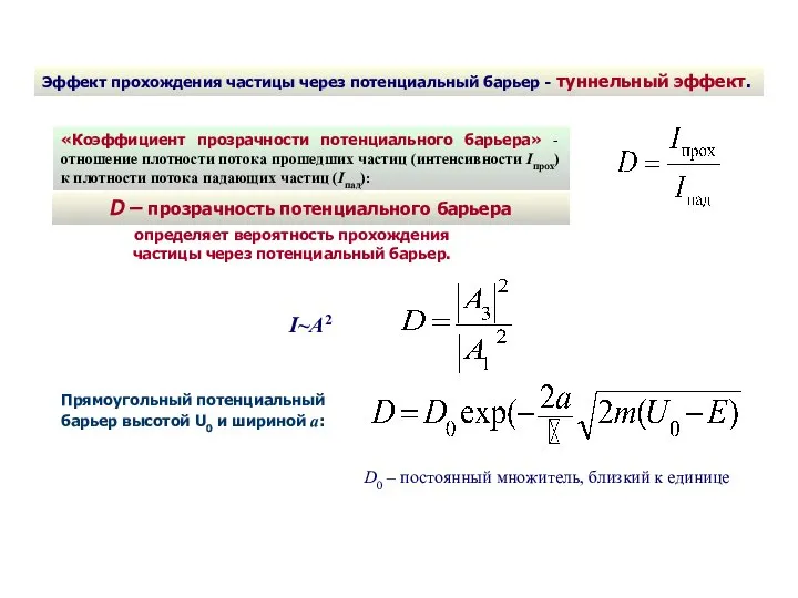 Эффект прохождения частицы через потенциальный барьер - туннельный эффект. «Коэффициент прозрачности