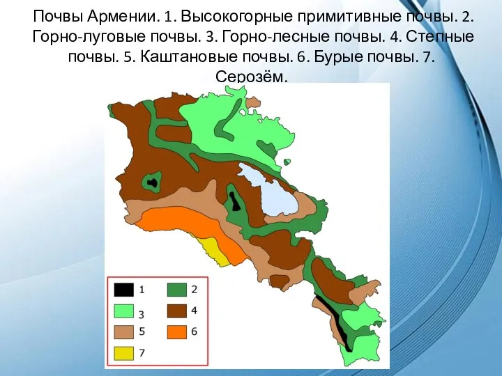 Почвы Армении. 1. Высокогорные примитивные почвы. 2. Горно-луговые почвы. 3. Горно-лесные