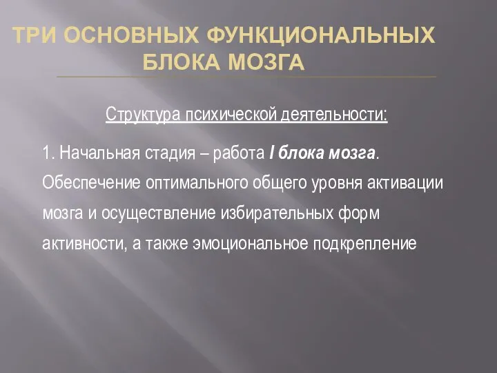 ТРИ ОСНОВНЫХ ФУНКЦИОНАЛЬНЫХ БЛОКА МОЗГА Структура психической деятельности: 1. Начальная стадия