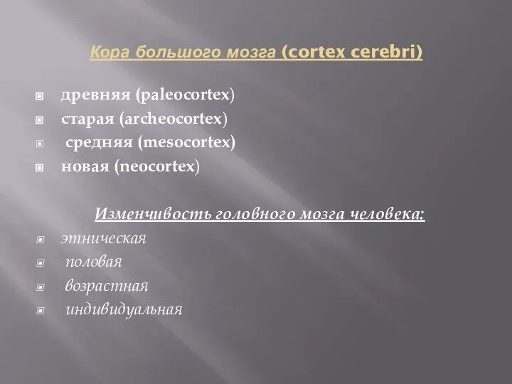 Кора большого мозга (cortex cerebri) древняя (paleocortex) старая (archeocortex) средняя (mesocortех)