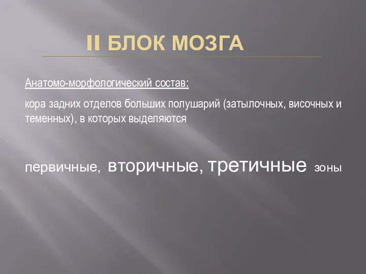 II БЛОК МОЗГА Анатомо-морфологический состав: кора задних отделов больших полушарий (затылочных,