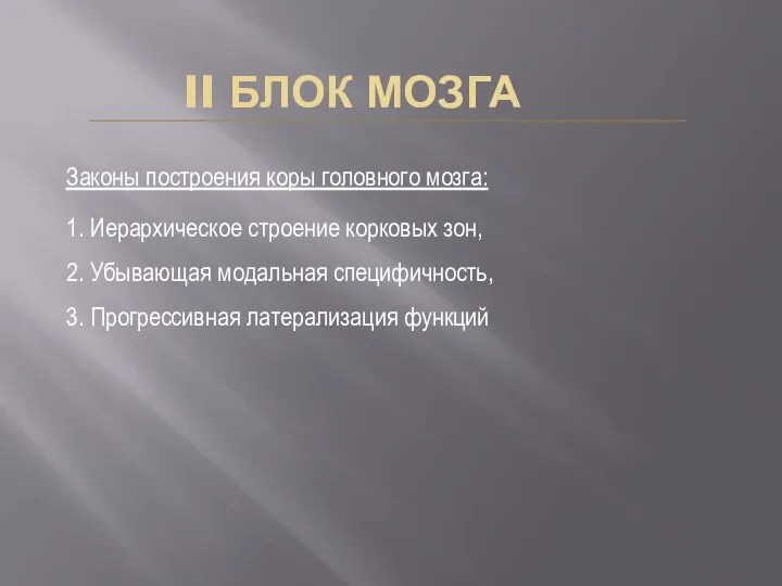 II БЛОК МОЗГА Законы построения коры головного мозга: 1. Иерархическое строение