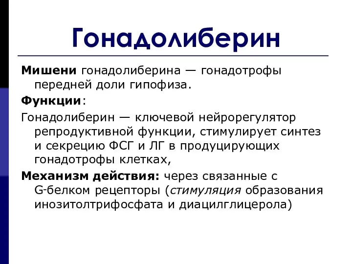 Гонадолиберин Мишени гонадолиберина — гонадотрофы передней доли гипофиза. Функции: Гонадолиберин —