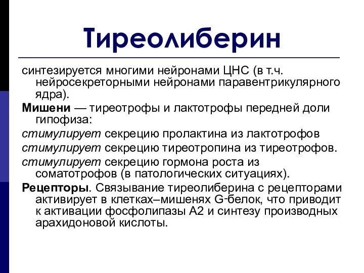 Тиреолиберин синтезируется многими нейронами ЦНС (в т.ч. нейросекреторными нейронами паравентрикулярного ядра).