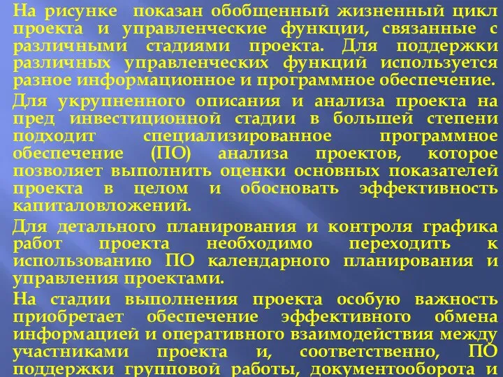 На рисунке показан обобщенный жизненный цикл проекта и управленческие функции, связанные