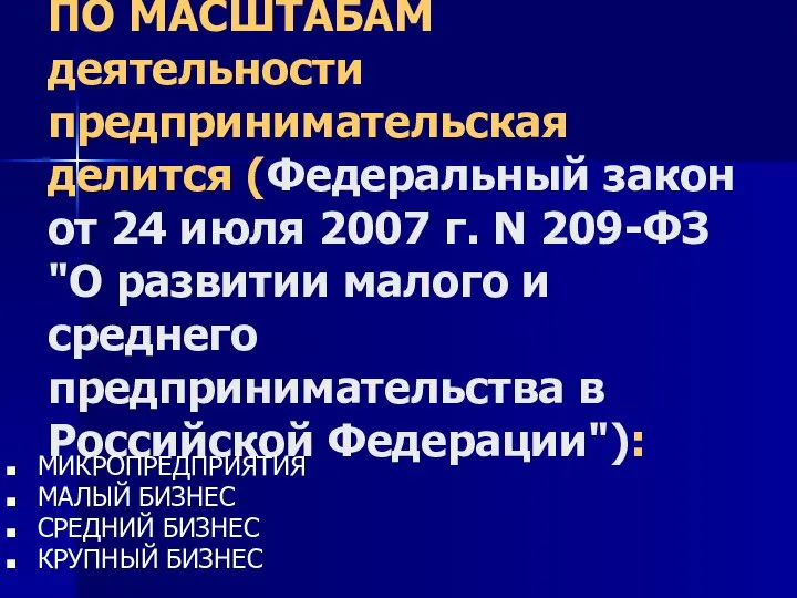 ПО МАСШТАБАМ деятельности предпринимательская делится (Федеральный закон от 24 июля 2007