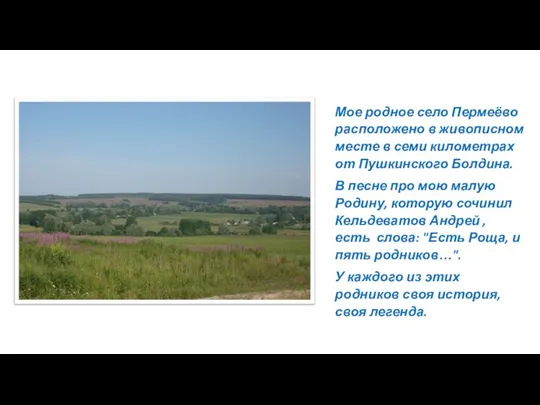 Мое родное село Пермеёво расположено в живописном месте в семи километрах