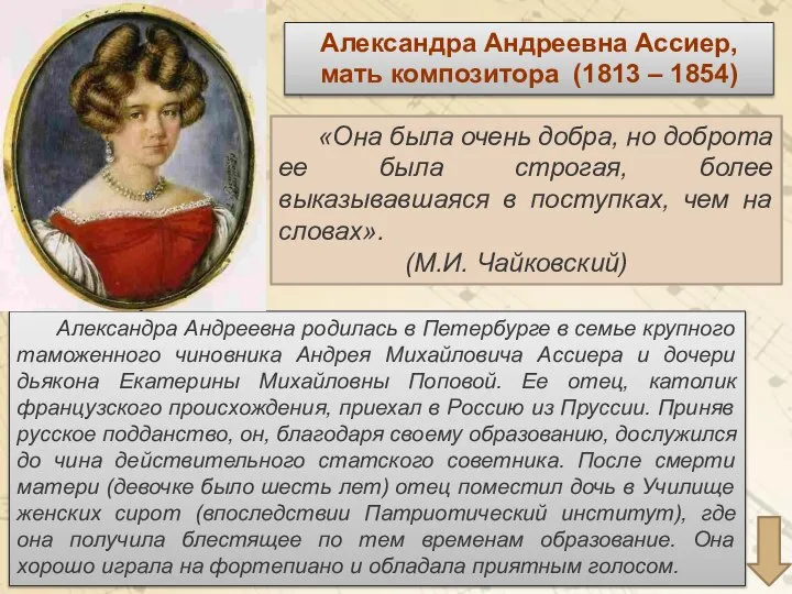 Александра Андреевна родилась в Петербурге в семье крупного таможенного чиновника Андрея