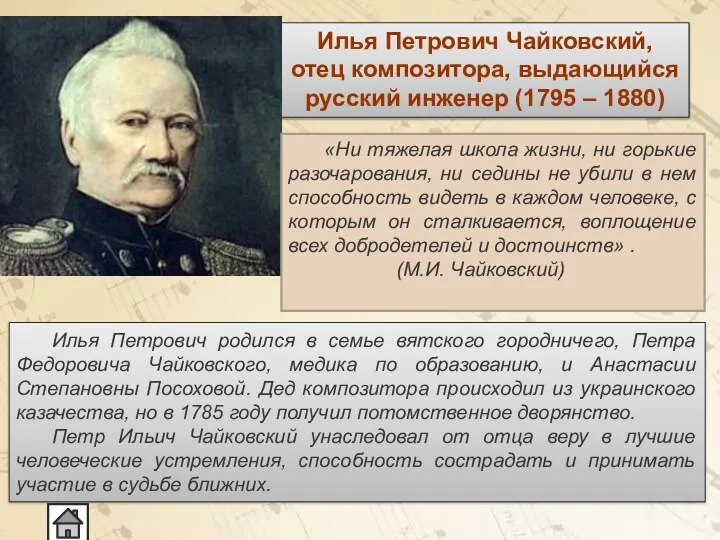 Илья Петрович родился в семье вятского городничего, Петра Федоровича Чайковского, медика