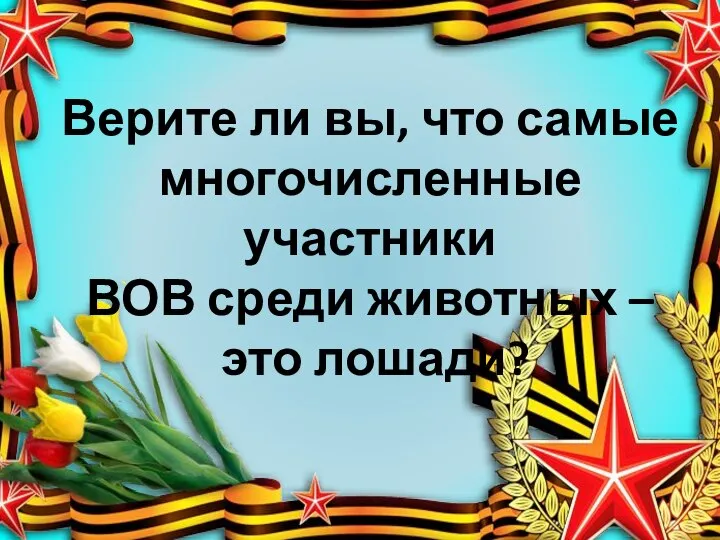 Верите ли вы, что самые многочисленные участники ВОВ среди животных – это лошади?