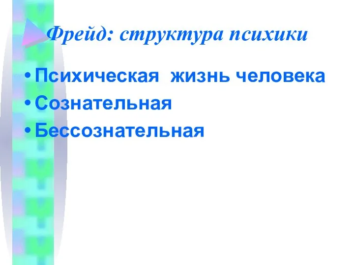 Фрейд: структура психики Психическая жизнь человека Сознательная Бессознательная