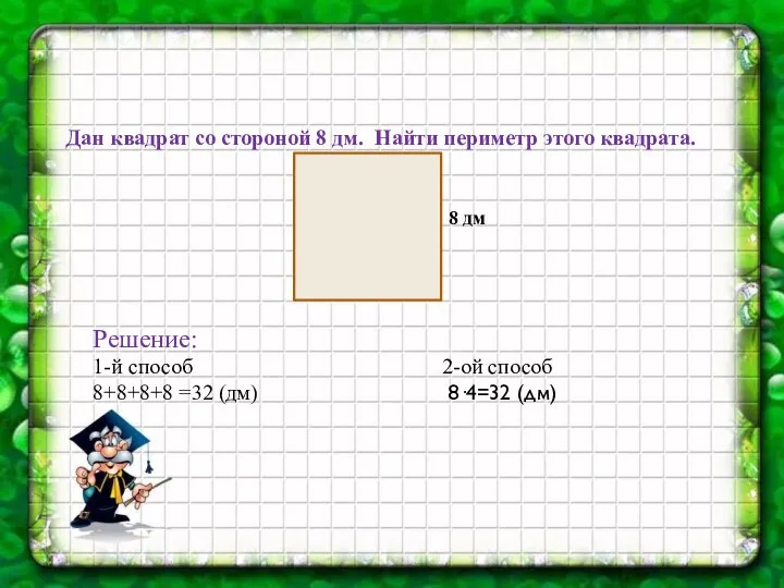 Дан квадрат со стороной 8 дм. Найти периметр этого квадрата. 8