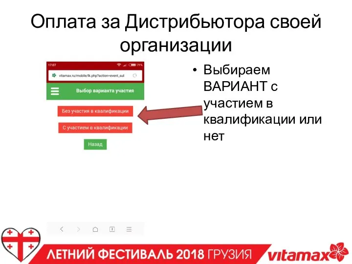 Оплата за Дистрибьютора своей организации Выбираем ВАРИАНТ с участием в квалификации или нет