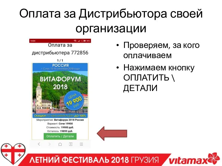 Оплата за Дистрибьютора своей организации Проверяем, за кого оплачиваем Нажимаем кнопку ОПЛАТИТЬ \ ДЕТАЛИ