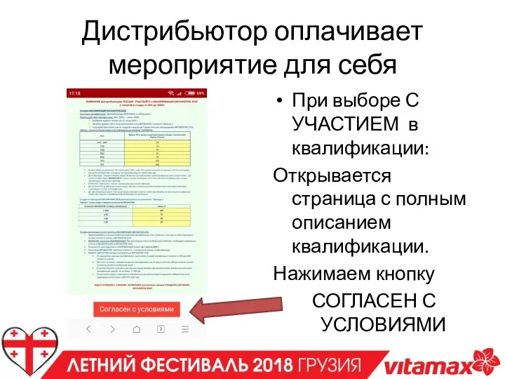 Дистрибьютор оплачивает мероприятие для себя При выборе С УЧАСТИЕМ в квалификации: