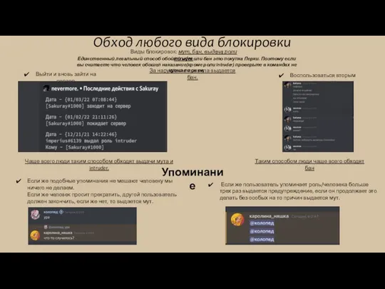 Обход любого вида блокировки Виды блокировок: мут, бан, выдача роли intruder.