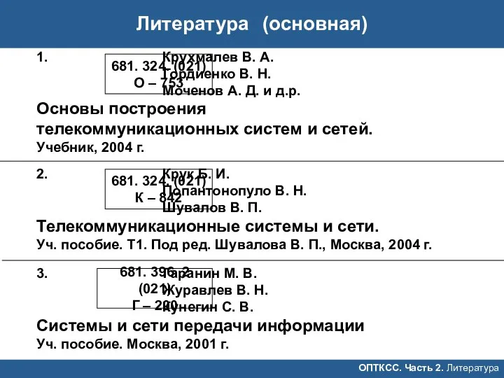 Литература (основная) ОПТКСС. Часть 2. Литература 681. 324. (021) О –