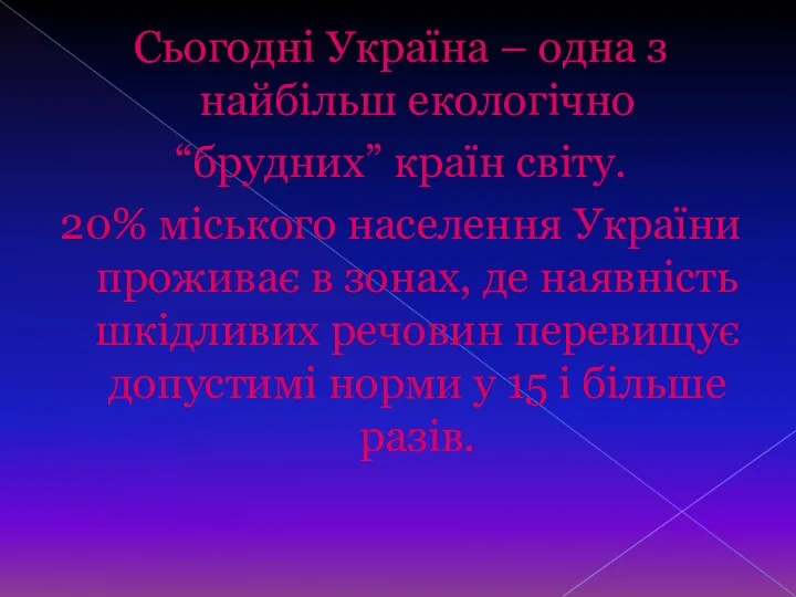 Сьогодні Україна – одна з найбільш екологічно “брудних” країн світу. 20%