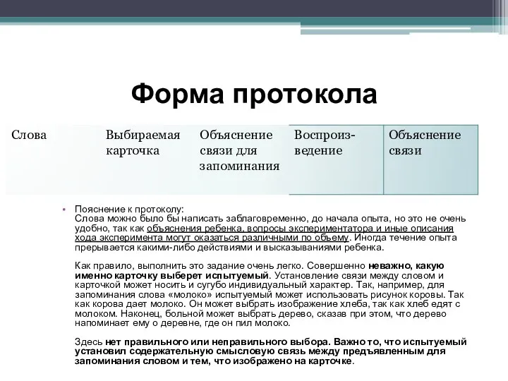 Форма протокола Пояснение к протоколу: Слова можно было бы написать заблаговременно,